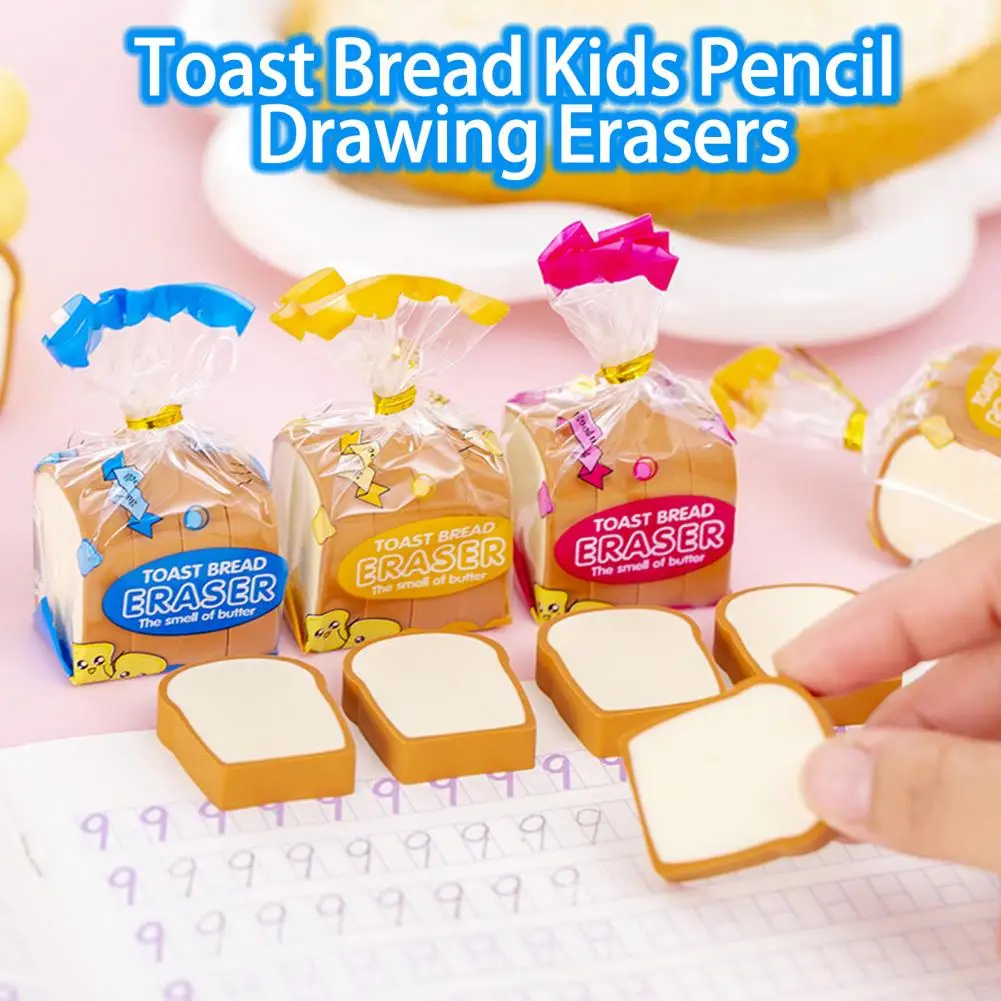 

4PCS/Set Cute Toast Bread Eraser Stationery Baked Bread Rubber Pencil Children's Laughter Articles Gift Award Kawaii Stationery