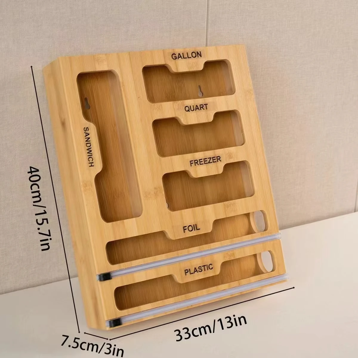 Bamboo Ziplock Food Bag Holder Compatible Wall Storage Racks Kitchen Storage Shelf Plastic Wrap Organizer Dispenser With Cutter 4