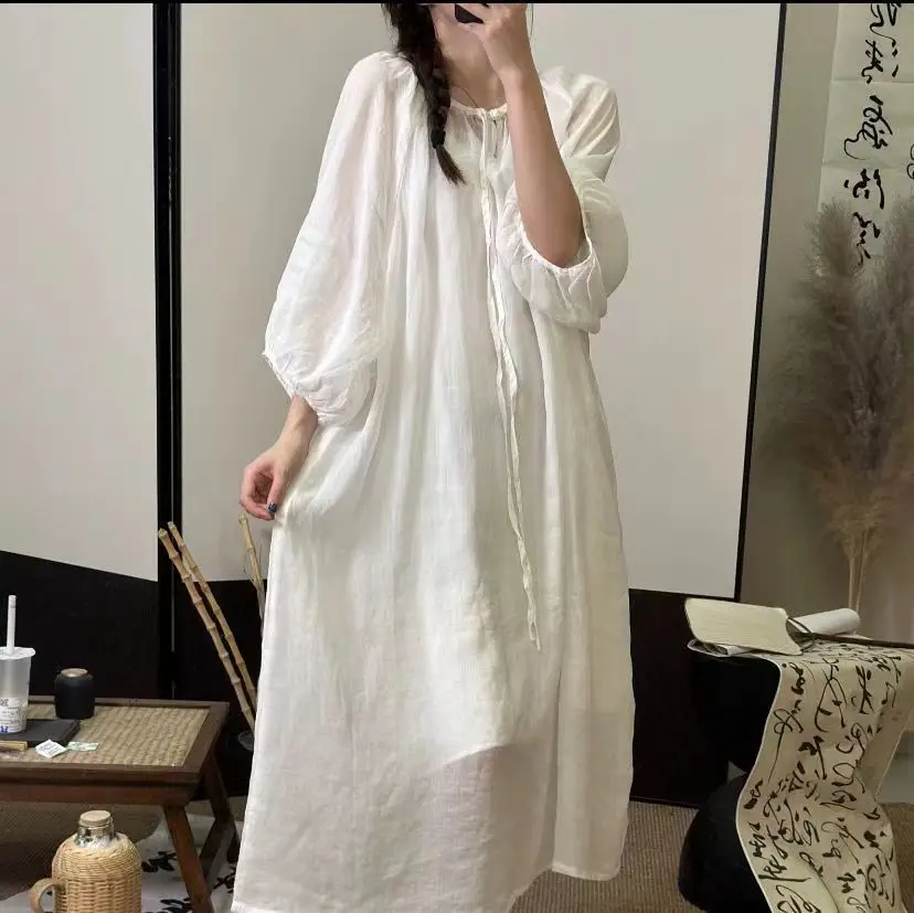 chinese dress ladies Rove Linen-Cotton Midi Dress - Crossover Back-Ties
