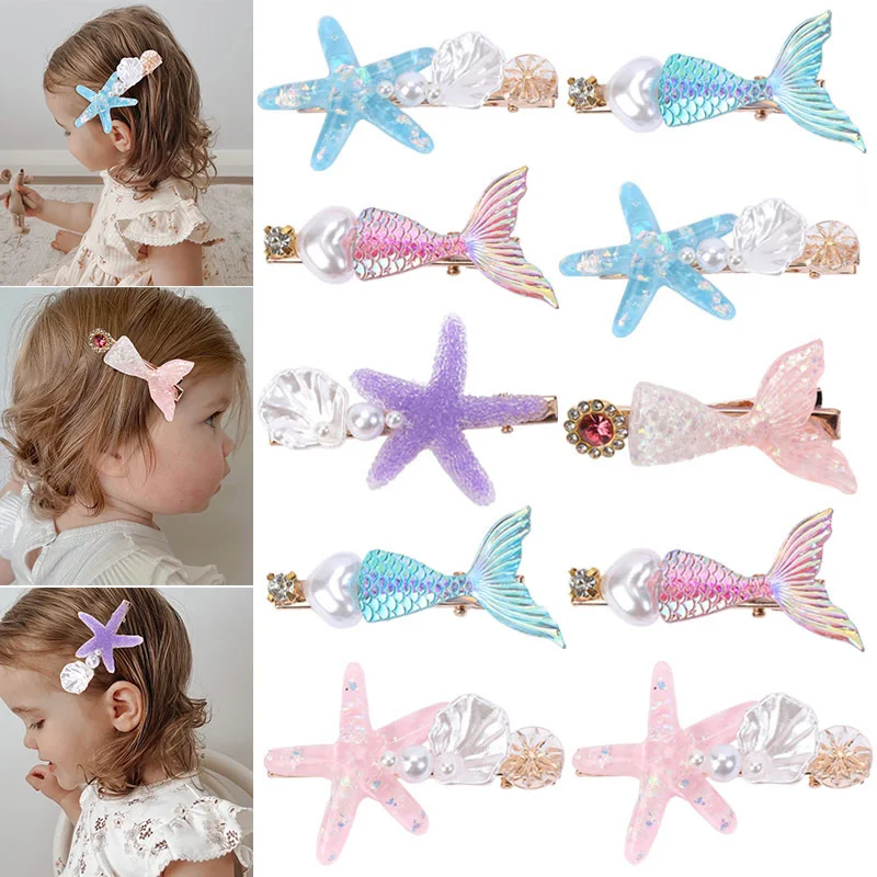 

ncmama 4Pcs/set Elegant Shell Starfish Hair Clip For Kids Girls Princess Star Earring Children Party Fashion Clothes Accessories