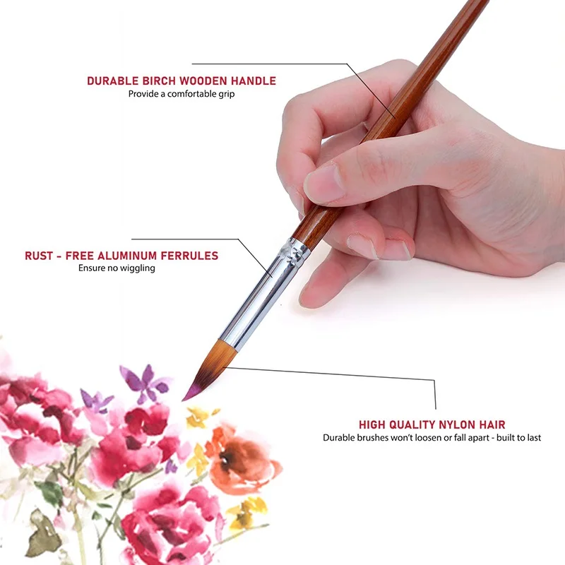 13pcs Professional Watercolor Paint Brushes Set Wood Long Handle Round Pointed Tip Soft Anti-Shedding Nylon Hair Paintbrush 4