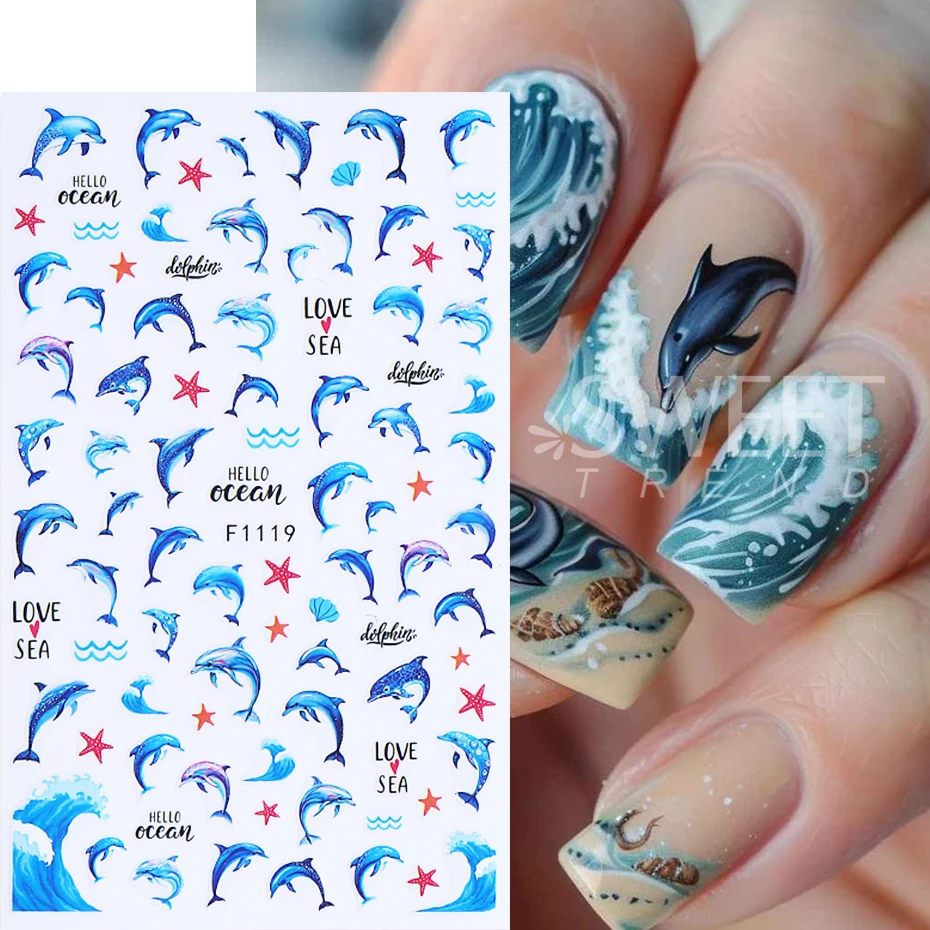 3pcs Sea Animal Nail Stickers Summer Goldfish Coral Koi Seaweed Ocean Wave Design Adhesive Slider Nail Decals DIY Manicure Decor