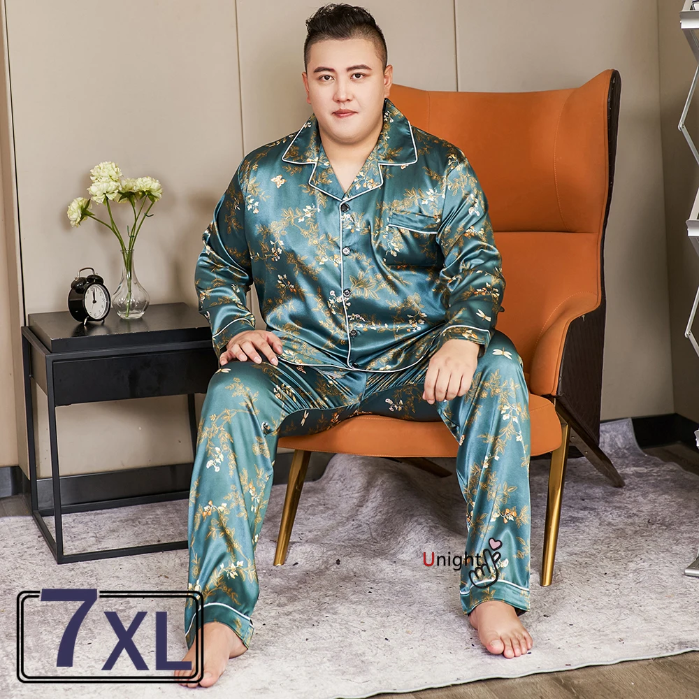Pijamas de seda de hielo para hombre, ropa de dormir de manga larga, 7XL supergrande, Top de seda + pantalón, verano y - AliExpress