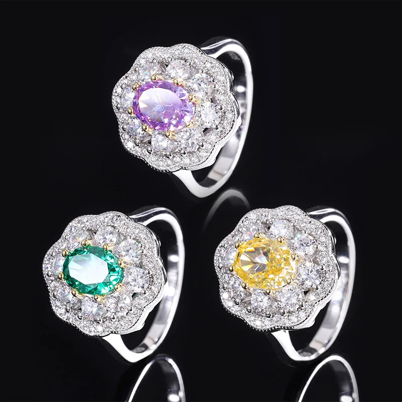 S925 Full body Silver High Carbon Diamond 6 * 8 Summer Style Women's Light Luxury Flower Ring