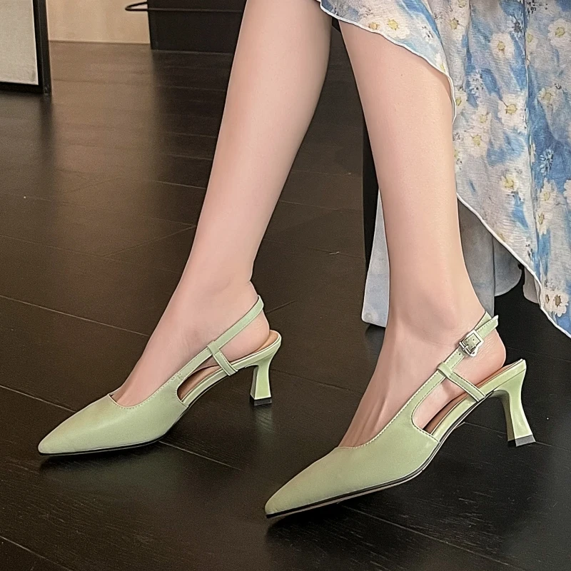 Genuine Leather Summer Shoes For Women Black Nude Gladiator Sandals Slingbacks Heels Mules Green Flip Flops Female Large Size 45