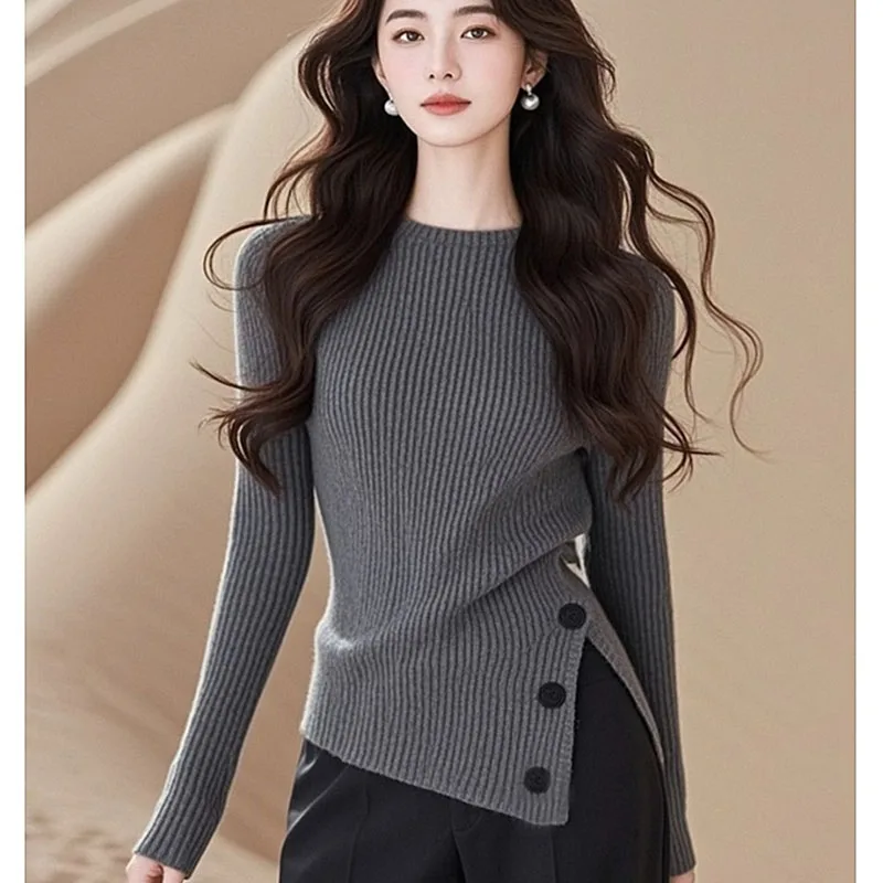 Autumn Winter Fashion Simple Knit O-neck Sweaters Women's Vintage Chic Asymmetrical Pullovers Office Lady Elastic Slim Solid Top 2