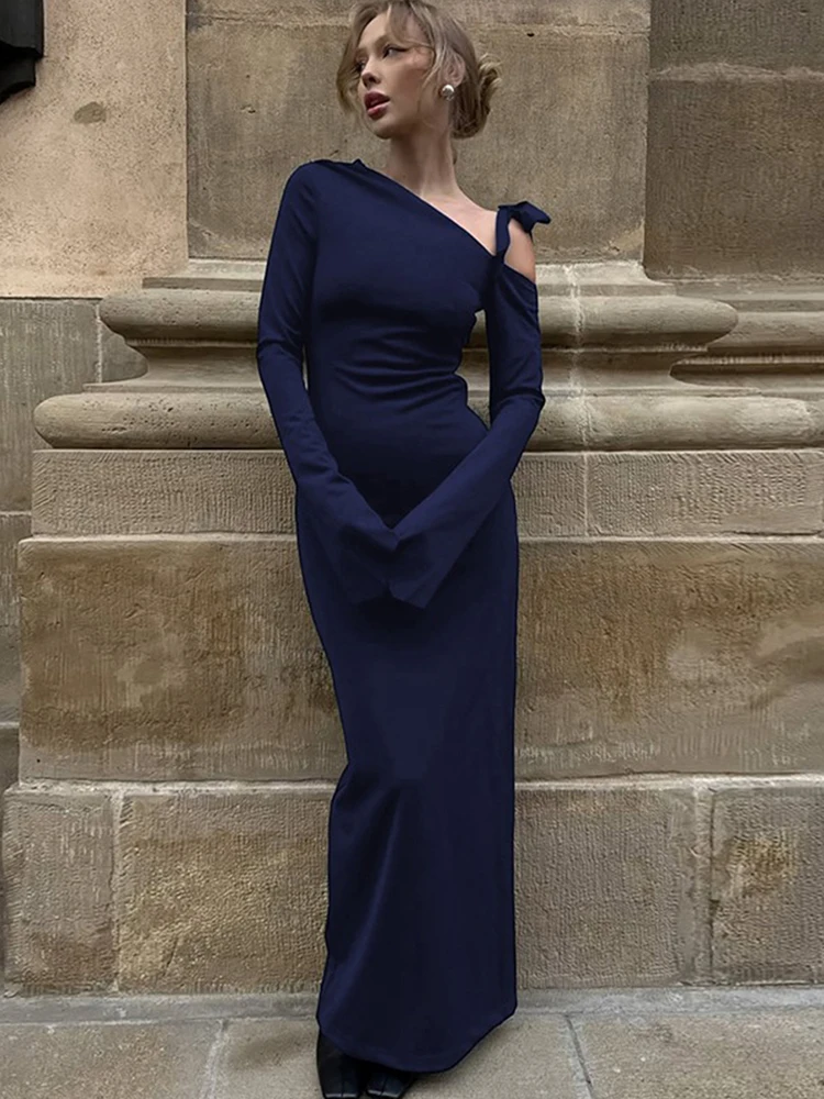 Nibber Full Flare Sleeve Dress Women Lace-Up Split Sexy Diagonal Collar Elegant Prom Party Stretch Slim Simple Solid Bodycon