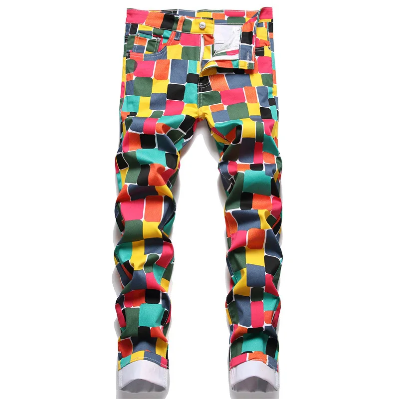 

2023 New European American Style Digital Printed Jeans Color Plaid Fashion Stretch Slim Fit Pants Nightclub Brand Men Clothing