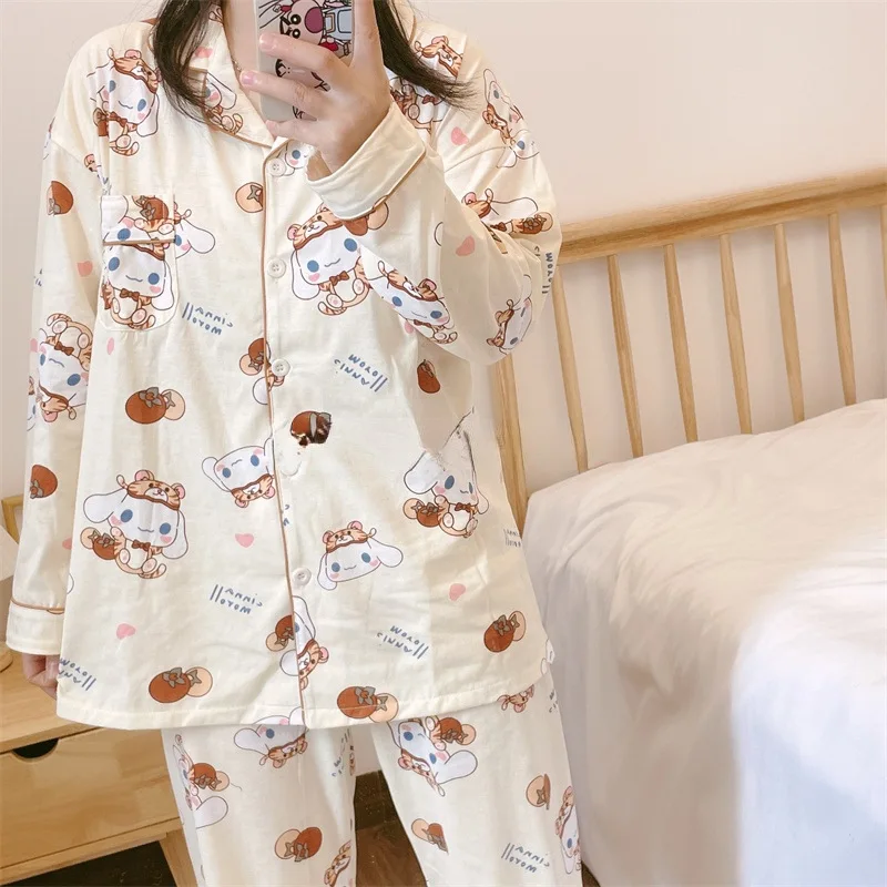 

Новинка Sanrio Kawaii Cinnamoroll весенняя и осенняя пижама с длинными рукавами хлопковая Свободная Домашняя одежда для студентов костюм из двух предметов для девушек