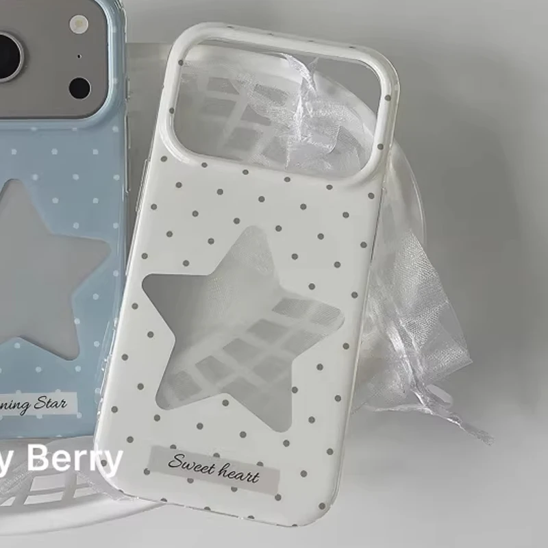 Korean Minimalist Blue & White Polka Dot Star Phone Case Cover