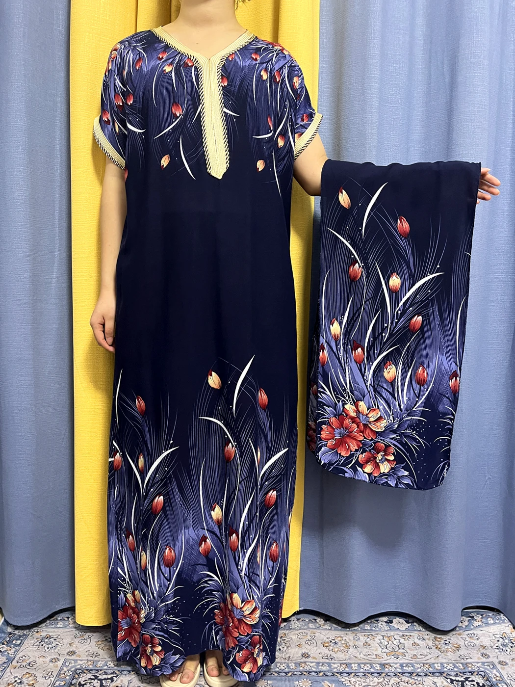 Muslim Abayas For Women 2023 Summer Short Flower Cotton V-neck Slim Fit Femme Robe African Nigeria Traditional Dress With Turban