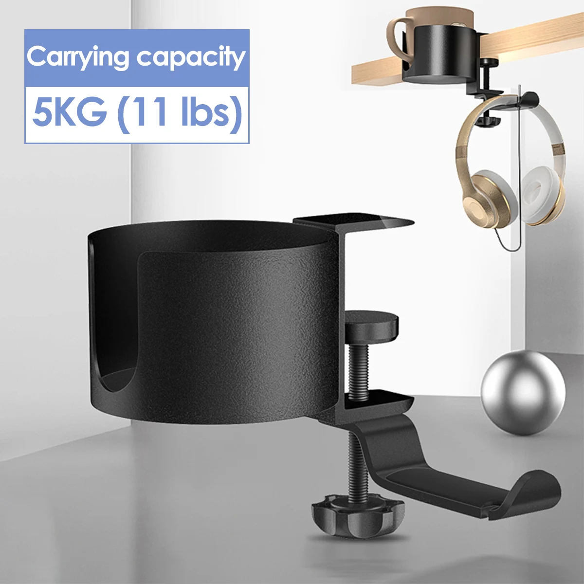 2 in 1 Desk Cup Holder 360 Rotation Adjustable Arm Clamp Headphone Hook Bottle Holder Table Side Drink Hanger for Desk Table Hot
