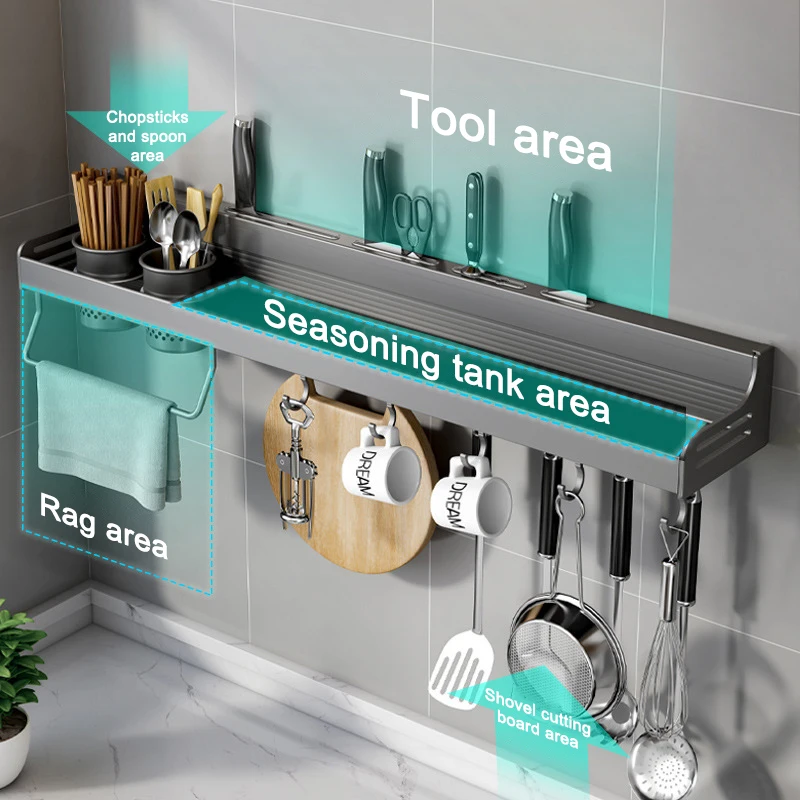 Space Aluminum Wall-mount Kitchen Storage Shelf Punch-free Condiment Knife Spice Rack Multi-functional Household Kichen Organizer