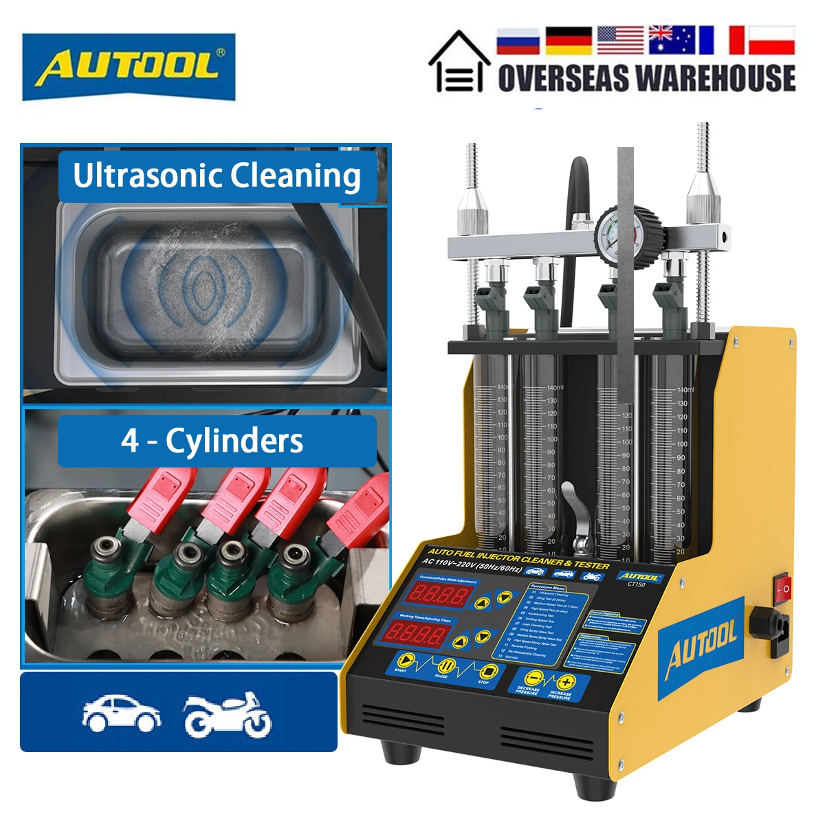 AUTOOL CT150 combustible del coche probador de limpiador de inyectores de 4 cilindros de la motocicleta de inyección de gasolina boquillas de limpieza por ultrasonidos herramienta de pruebas limpiador de inyectores aut