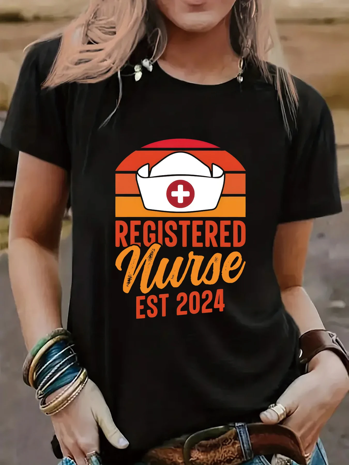 

2024 nurse cap Graphic T-Shirt Women Summer Original Creativity design Bestselling Fashion round neck Tops ladies Casual Shirt