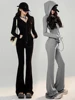 Y2K High Street Two Piece Set Tracksuit Women Hooded Zipper Jacket + Drawstring Wide Leg Pants Korean Fashion Solid Slim Outfits 1
