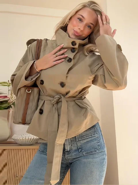 2025 Autumn Stand Collar Trench Coats For Women Fashion Long Sleeve Belt Double Breasted Jacket Lady High Street Chic Outerwear 2