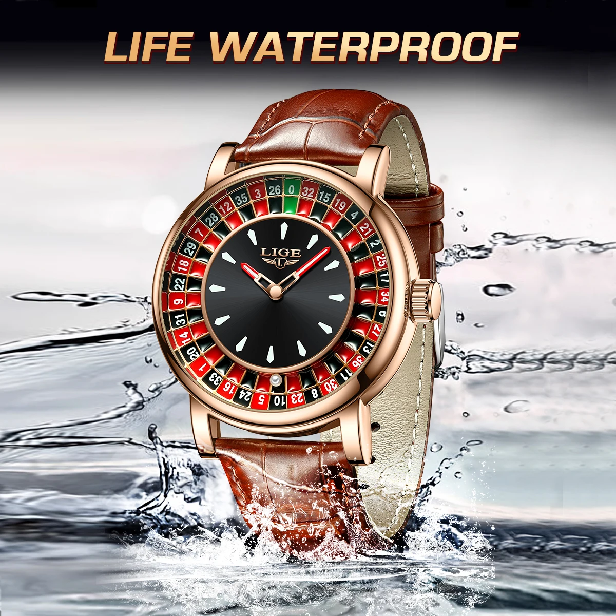 Elegant Men's Watch with Brown Leather Strap and Rotating Dial, Waterproof and Luminous