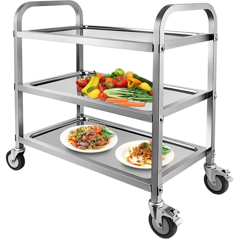 

3 Tier Stainless Steel Utility Cart with Locking Wheels Shelf Kitchen Cart Trolley Utility Rolling Serving Catering Storage