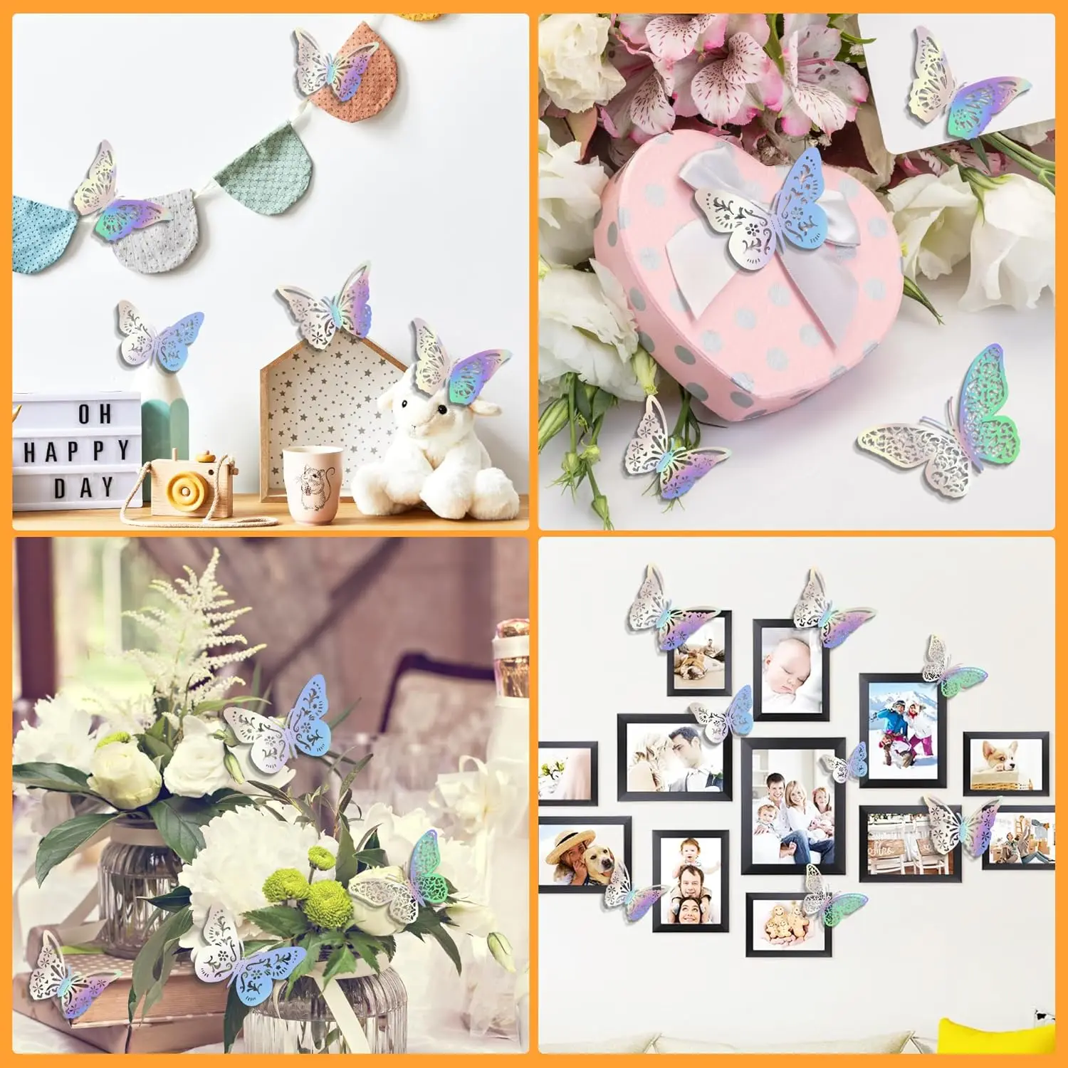 Butterfly Decorations 48 Pcs Rainbow Silver 4 Styles 3 Sizes 3D Party Wall Decor Butterflies