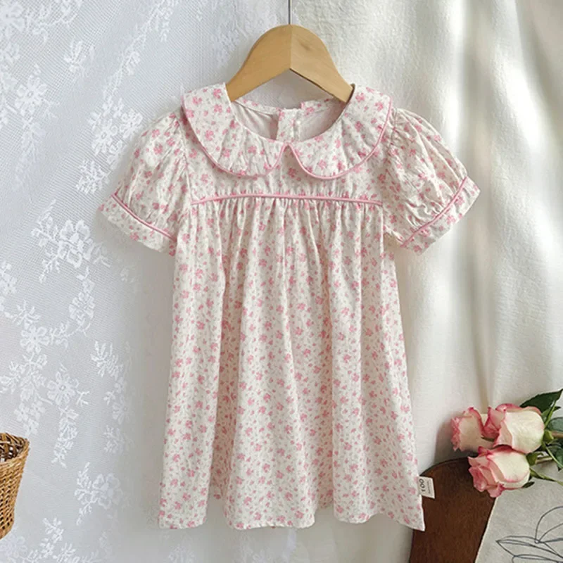 New Summer Sister Clothing 2-7Yrs Baby Girl Birthday Party Dress Short Sleeved Cotton Flower Print Kids Princess Dresses