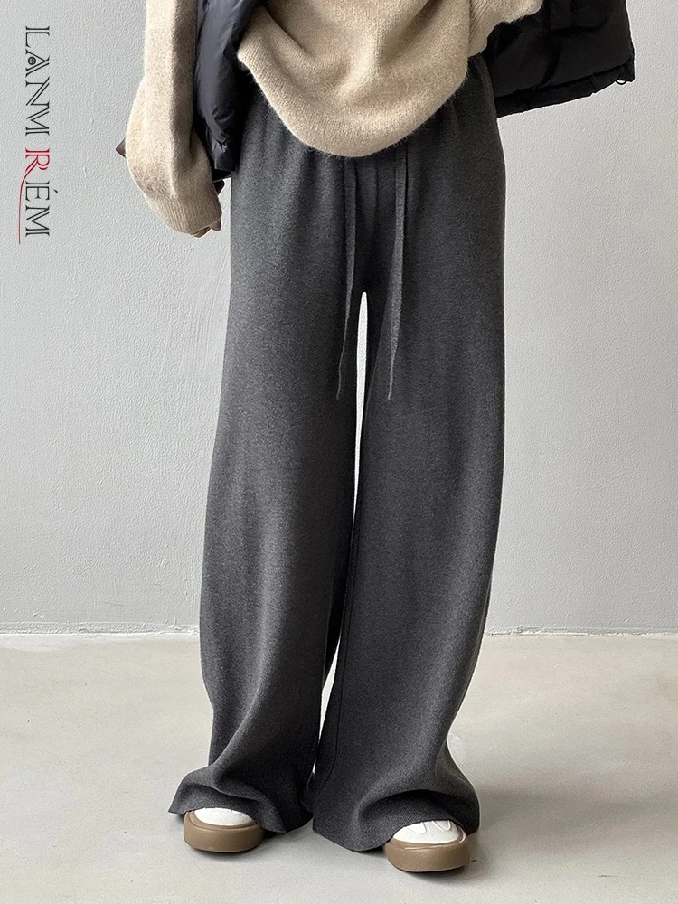 

[LANMREM] Drawstring Design Knitting Pants Women High Waist Straight Wide Leg Trousers Female Clothing 2023 Winter New 26D6697