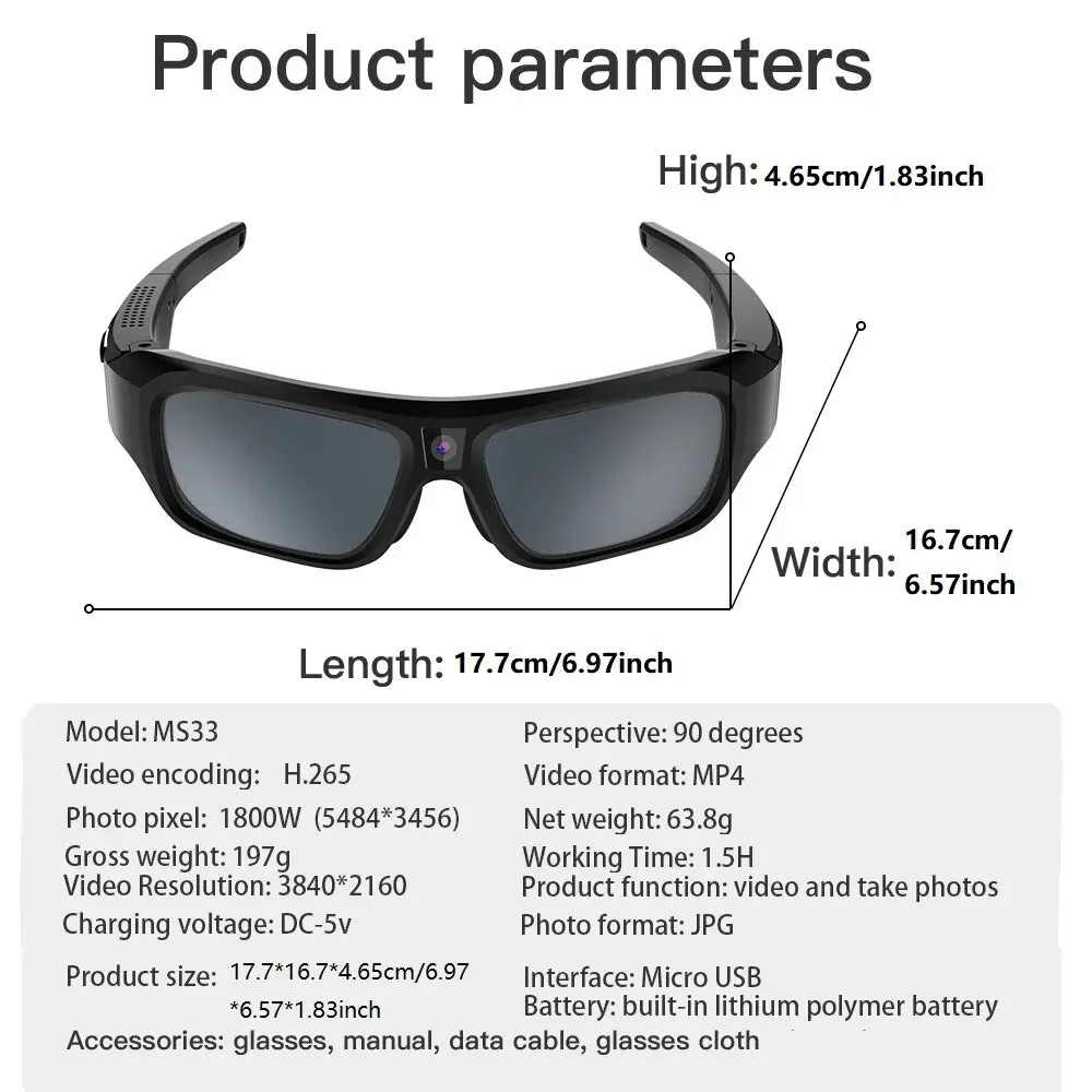 4K Camera Glasses, Video Glasses, Bike Surveillance Video Recorder Action Cam Sunglasses Outdoor Sports Camcorder Ultra-clear 5