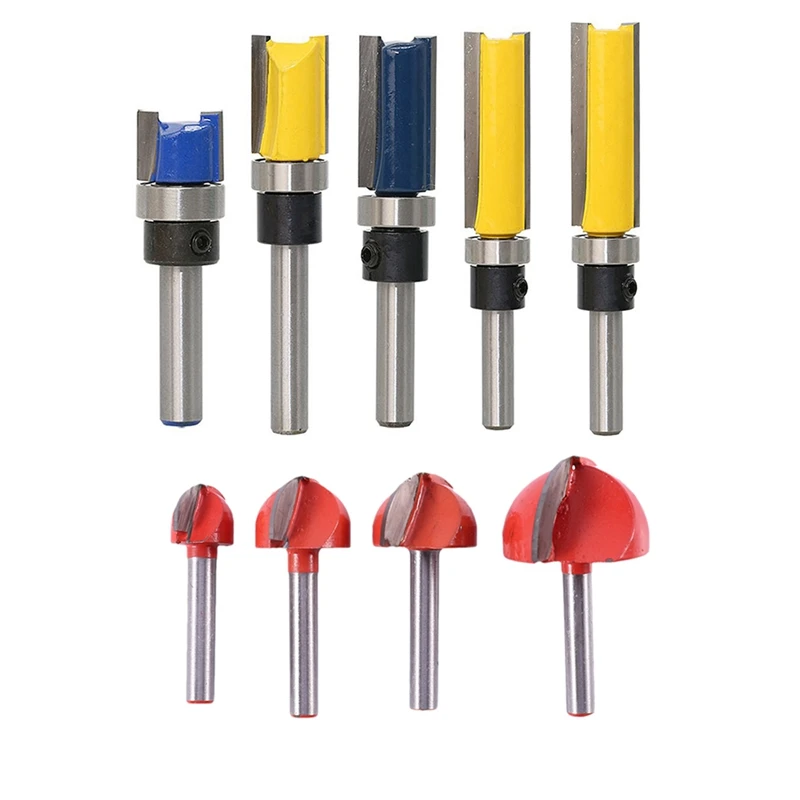 JFBL Hot 5X Straight Flush Trim Router Bit Set With 1/4Inch Shank Bit & 4Pcs 6Mm Shank Round Nose Cove Box Wood Router Bit woodworking boring machine