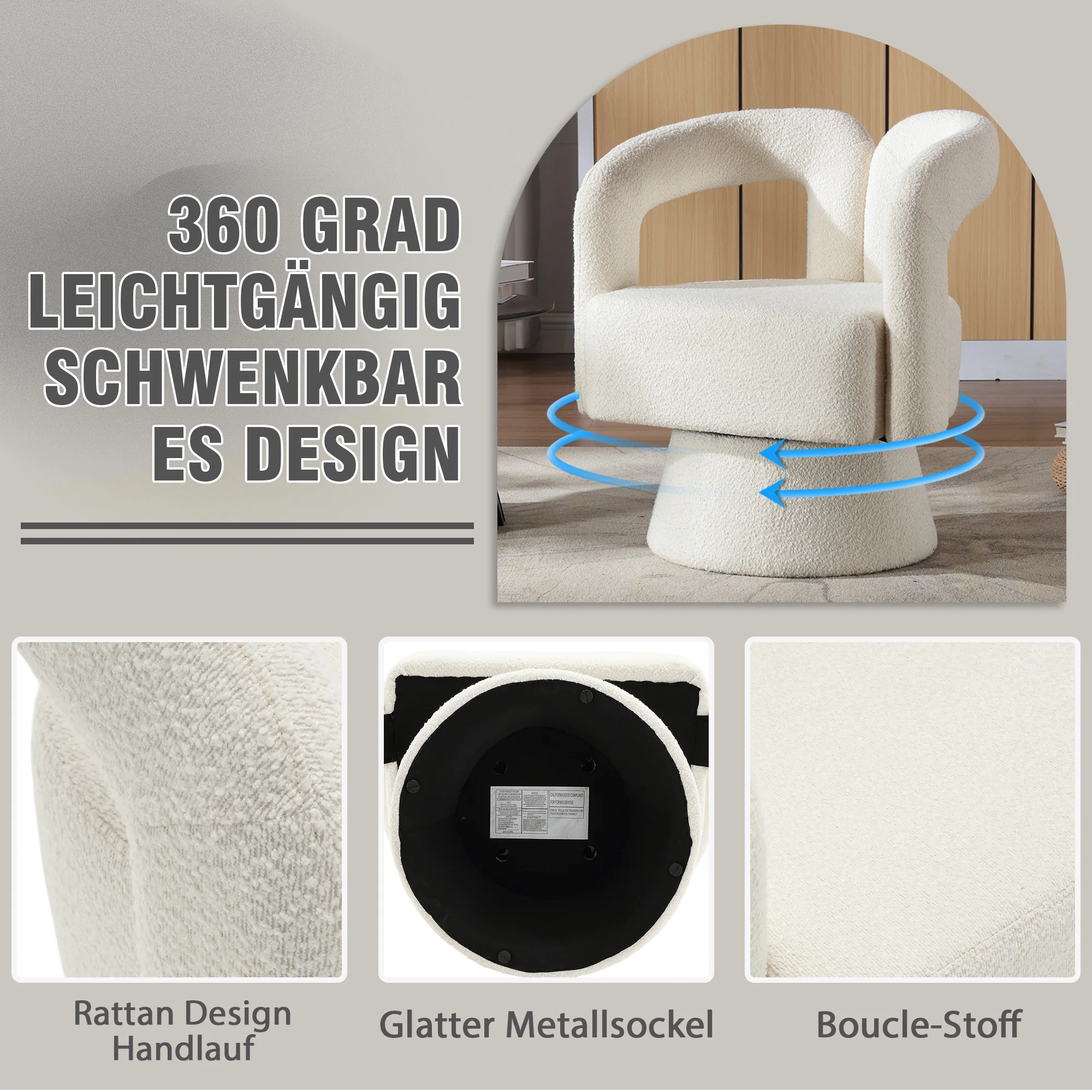 360-Grad-drehbare Cuddle Barrel-Akzentstühle, runder Sessel mit breiter Polsterung, flauschiger Stoffsessel für Wohnzimmer und Schlafzimmer – Detail 3