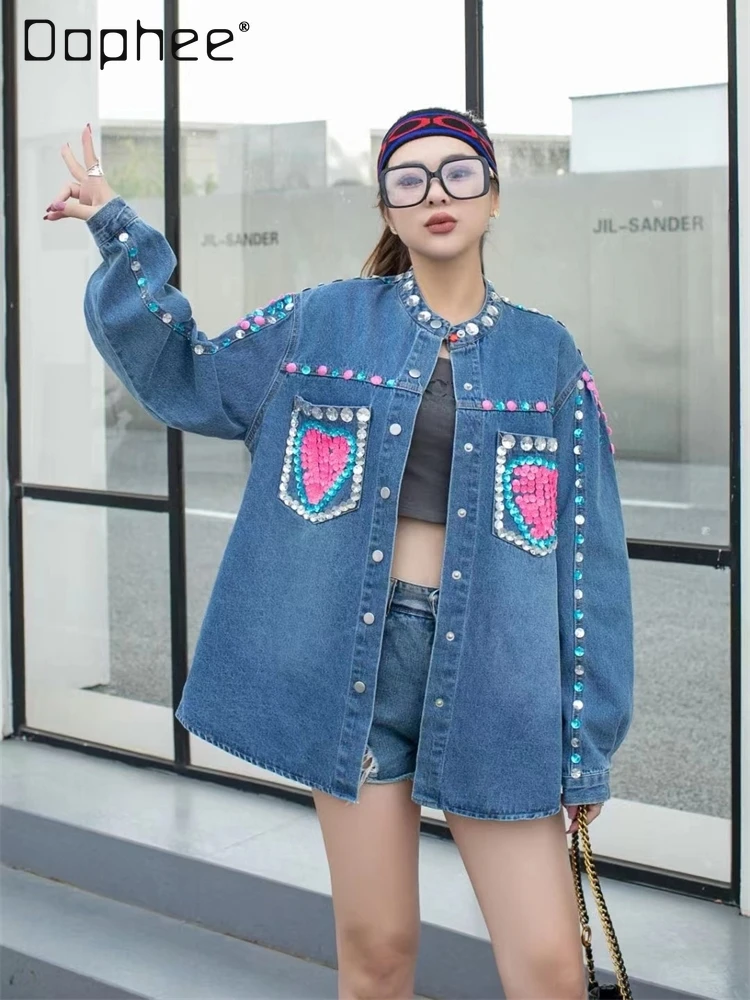 Fashion Brand Exquisite Rhinestone Beaded Love Pattern Stand Collar Denim Jacket Women Loose Single-Breasted Long Sleeve Shirt