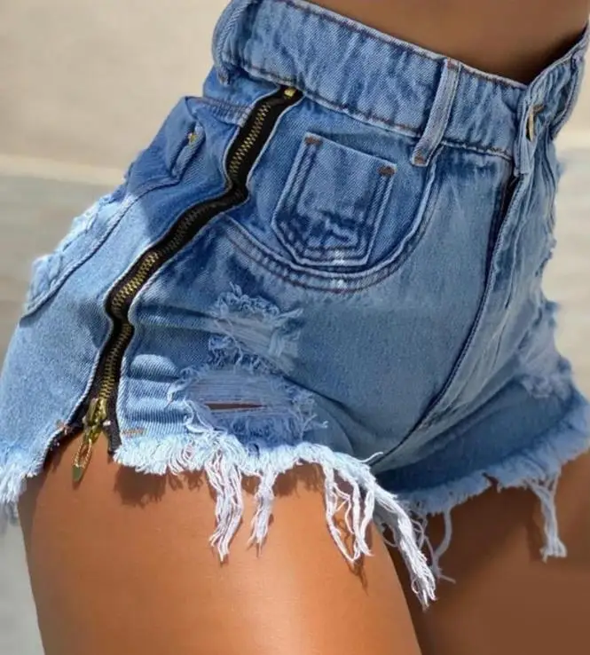 

Women's Denim Shorts 2024 Summer Fashion Side Zipper Raw Hem Ripped Tassels Pocket Casual High Waist Denim Shorts Y2K Clothing