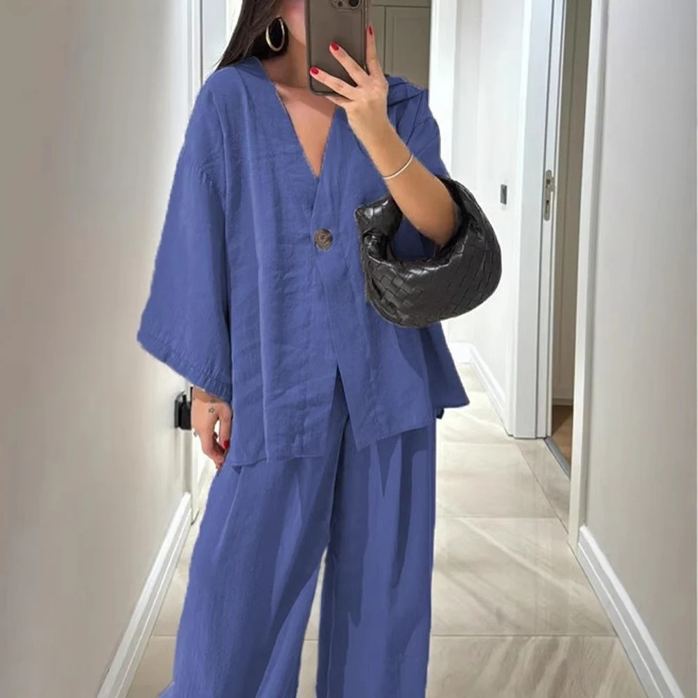 Casual Women V Neck Long Sleeve Blouse and Wide Leg Pant Suits