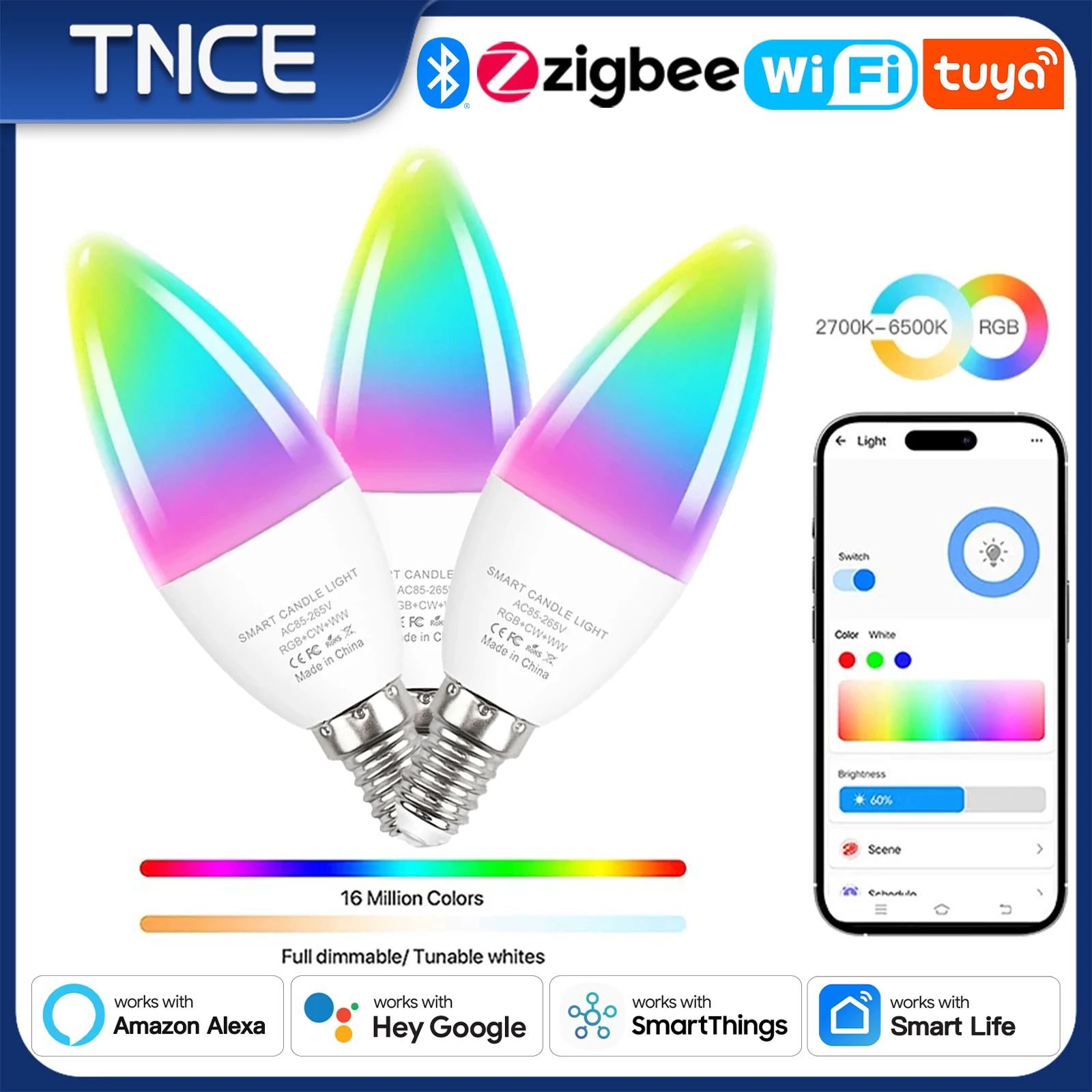 TNCE Smart LED Candle Lamp E14 TUYA, WiFi Zigbee Bluetooth 5W RGB dimmable light bulb smart life app control voice Alexa Google Home