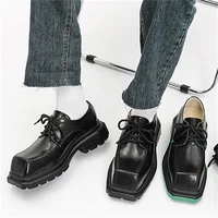 Men's Square Toe Leather Derby Shoes Women's Thick Sole Big Toe British Retro Lace Up Casual Leather Shoes for Gentlemen 1