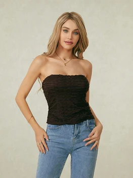 Women's Summer Fashion Tube Tops Sleeveless Open Back Off Shoulder Ruched Bandeau 2