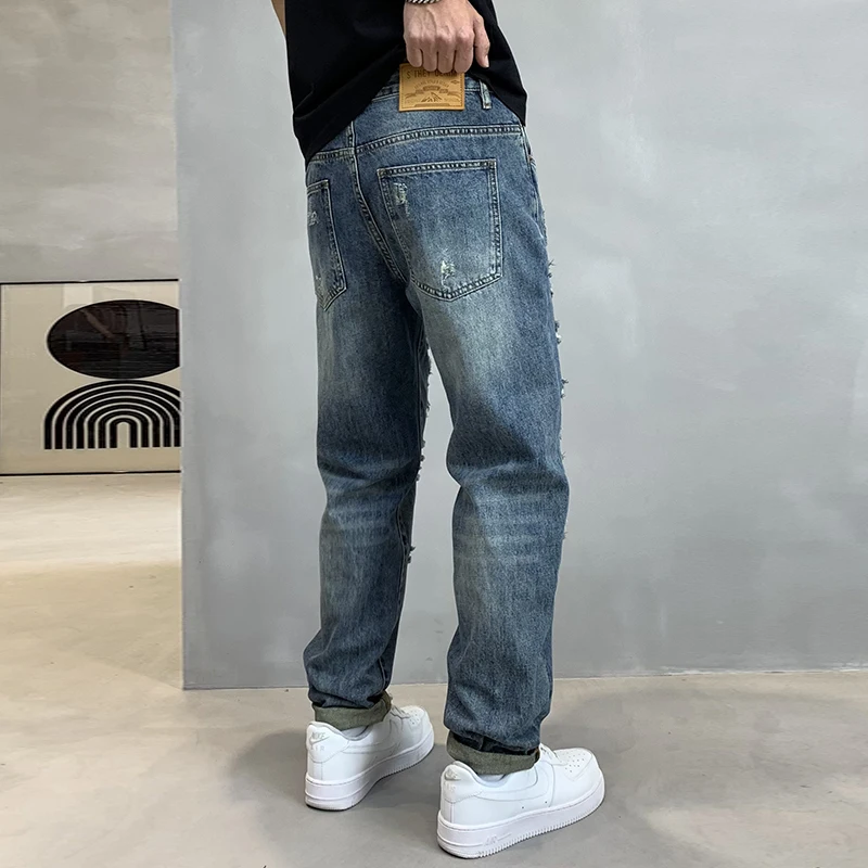 New Cross Red Thread Knife Cut Style Fashionable Distressed Vintage Jeans For Men'S Ruffled And Handsome Loose And Versatile Mic