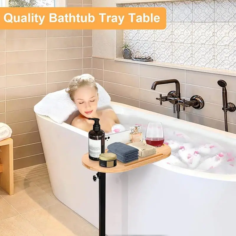 Yumkfoi Tavolino da bagno in bambù con altezza regolabile, vassoio  autoportante per vasca da bagno contro la parete, tavolino per vasca da  bagno di