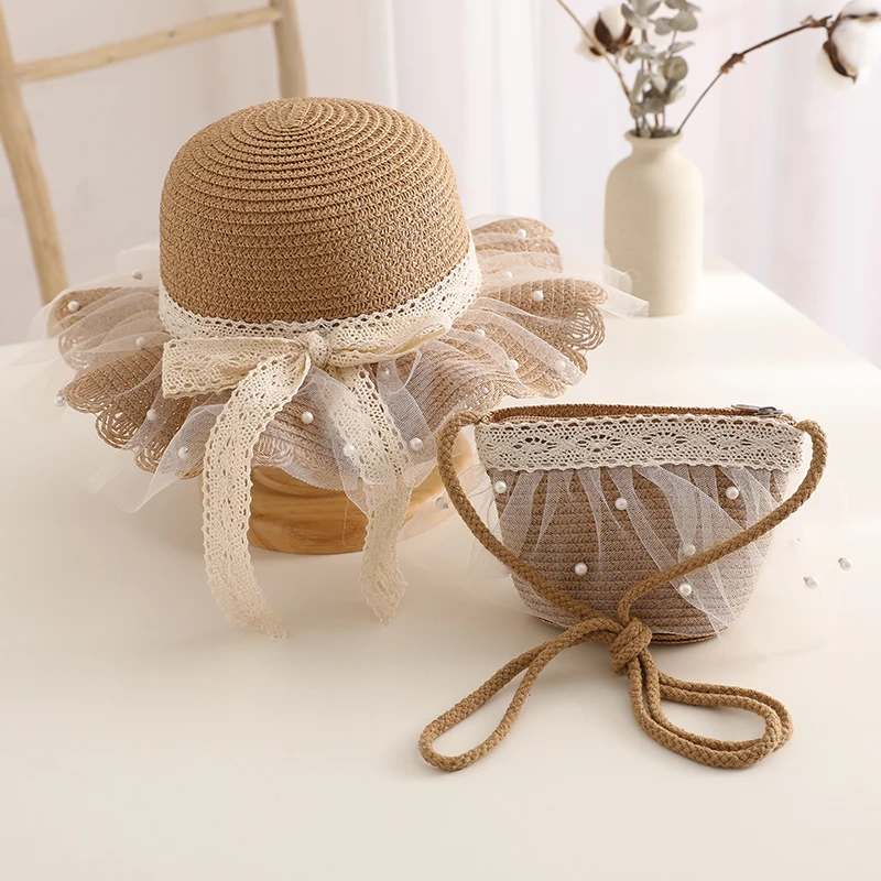 Child Straw Hat Shoulder Bag Set Kids Hats Summer Girl Cute Sweet Lace Bow Beach Hat Travel Anti-UV Breathable Sun Cap