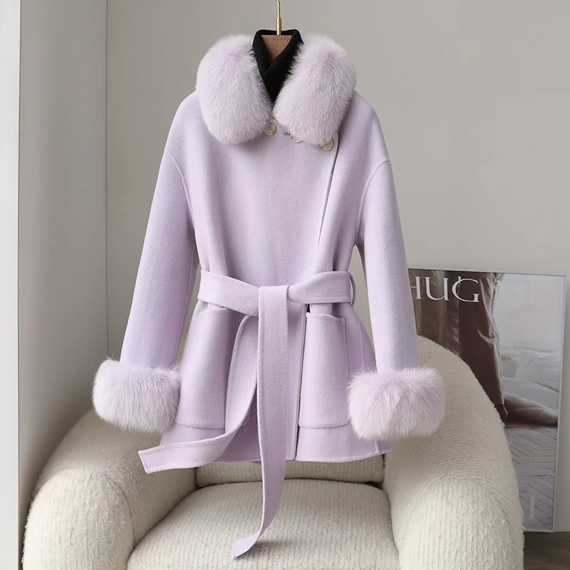 

Pudi 2023 New Design Genuine Wool Fabric Women Coat Winter Warm Real Fox Fur Collar Hot Lady Jacket CT360