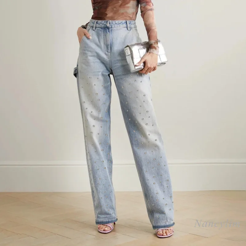 

2024 Spring New Heavy Industry Beads Jeans Straight-Leg Pants High Waist Slimming Temperament All-Match Street Denim Trousers
