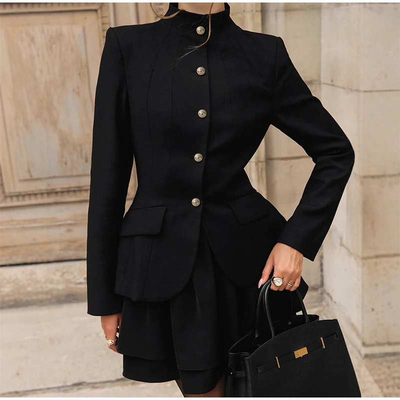 Frauen Rock Anzug Chic Revers Einreiher Volle Hülse Mäntel Lose Taille Mini Röcke Set Weibliche Frau Party Abend Outfits – Detail 23