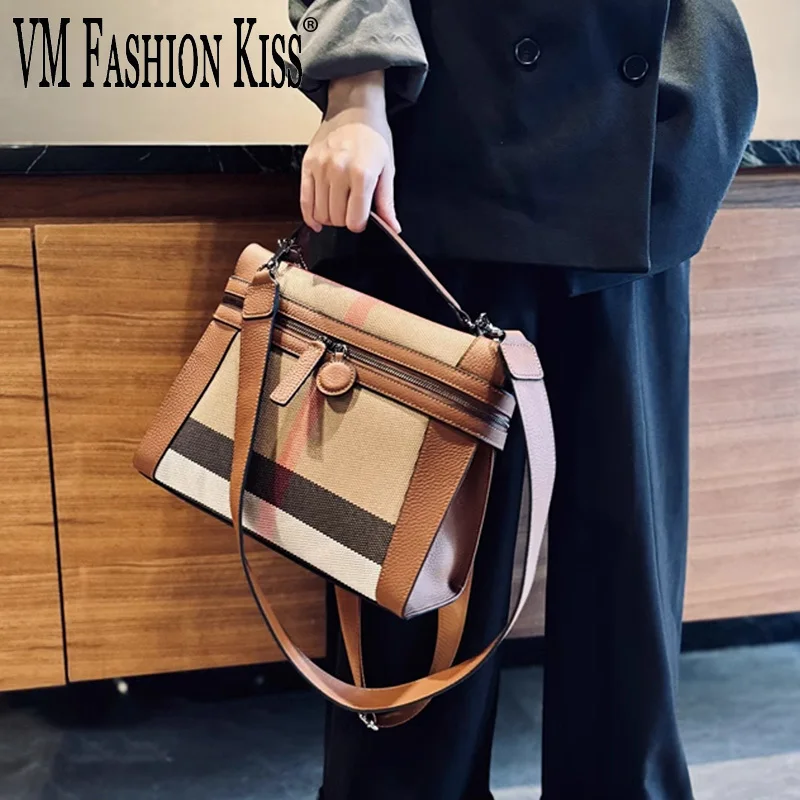 

VM FASHION KISS повседневные женские вместительные сумки, роскошные дизайнерские сумки, полосатая холщовая + натуральная кожа, большая сумка через плечо