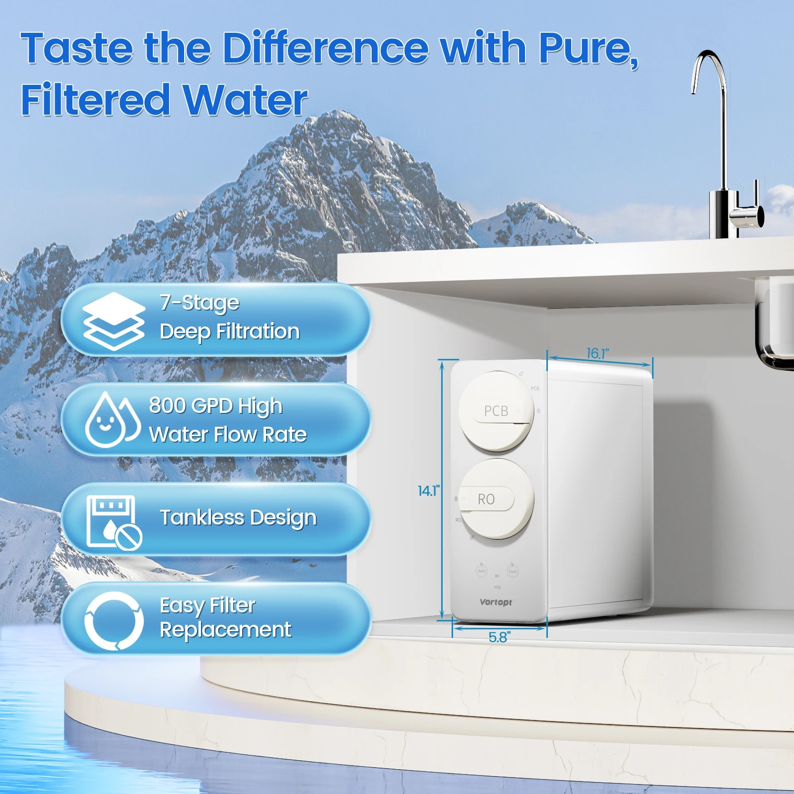 800 GPD Tankless RO Water Purifier System for Drinking Water, 0.0001&mu;m Filtration Reduces PFAS, 3:1 Pure to Drain