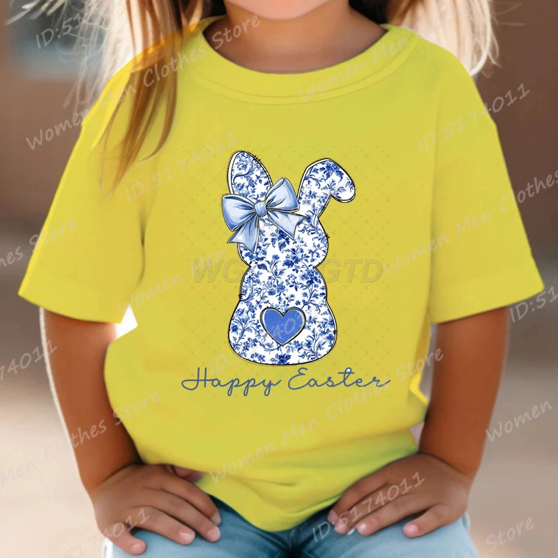 Happy Easter Floral Bunny Print T-shirt, Easter Day Tees, Cute Bunny T-shirts, Casual Short Sleeve Tshirt, Children Girl T-shirt