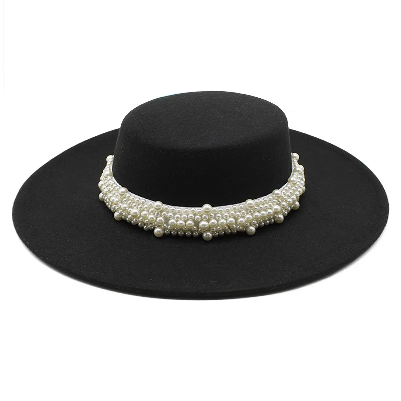 a fedora Women's hat fedoras women felt wide brim pearl headgear black fashion chapel beach Wedding picture elegant camel spring autumn fedora hats for sale Fedoras