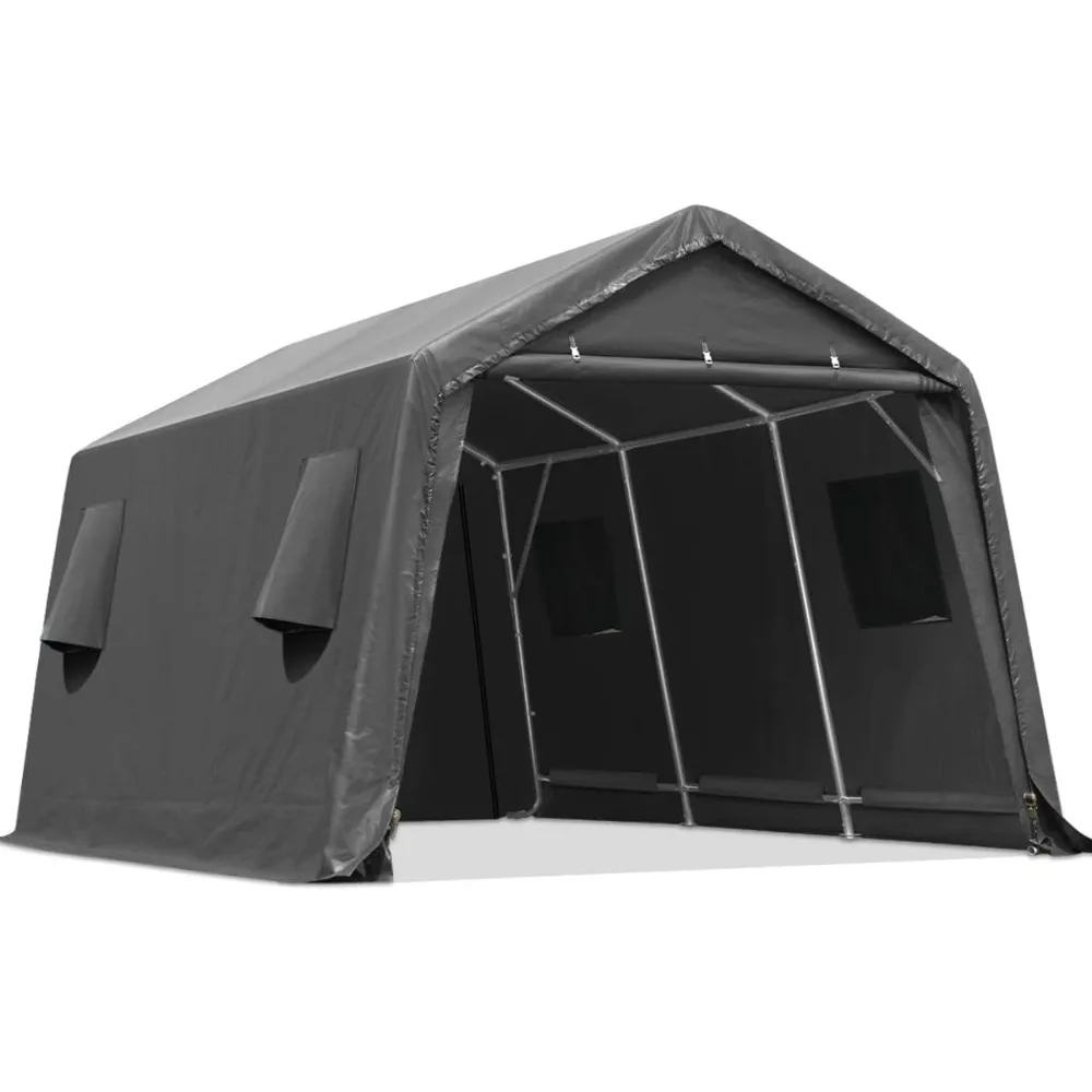 10X15 ft Garage Shelter Steel Metal Peak Roof Anti-Snow Portable Storage Shed Carport with 2 Roll up Doors & Vents