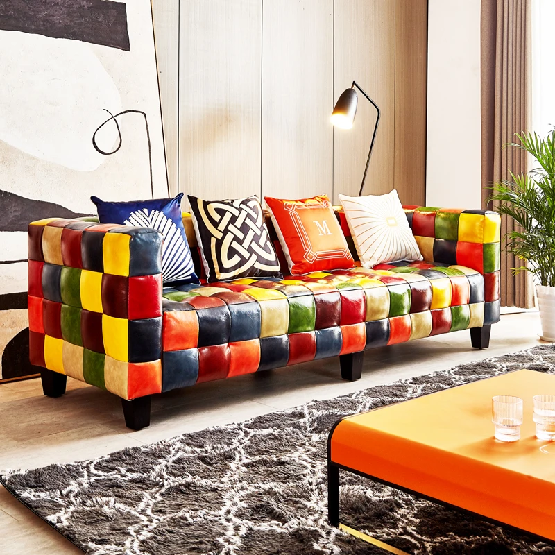 

Creative Sofa Internet Celebrity Colored Mosaic Leather Sofa Living Room Set Single Two-Seat Sofa Small Apartment Leather Sofa