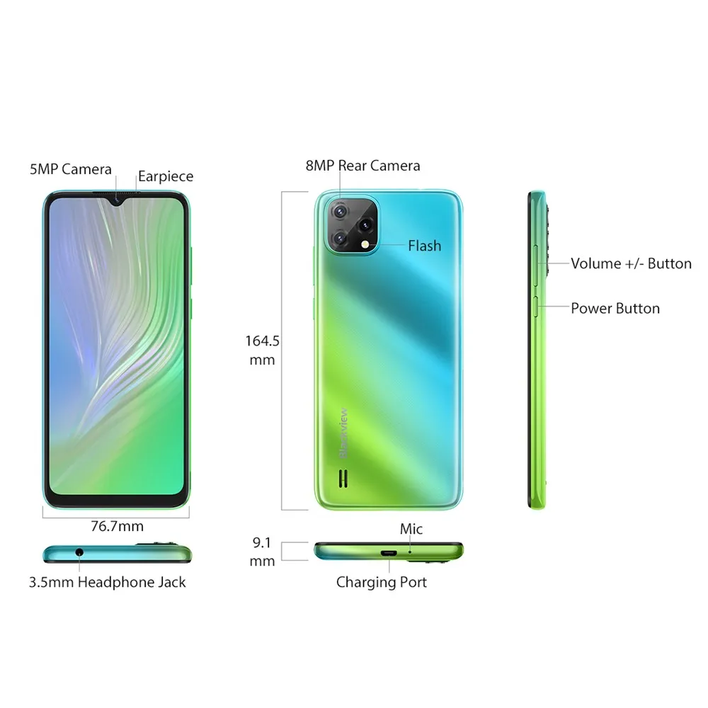 Blackview A55 Android 11 Smartphones 6.528Inch HD Display 4780mAh Battery 8MP Rear Camera 3GB+16GB Quad Core 4G Mobile Phone