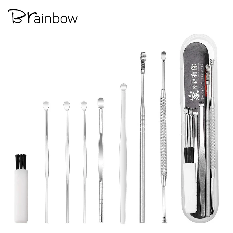 Brainbow 6PCS/8PCS Stainless Steel Earpick Wax Remover Curette Cleaner Easy Earwax Removal Swab Kit Health Care Tools in PVC Box