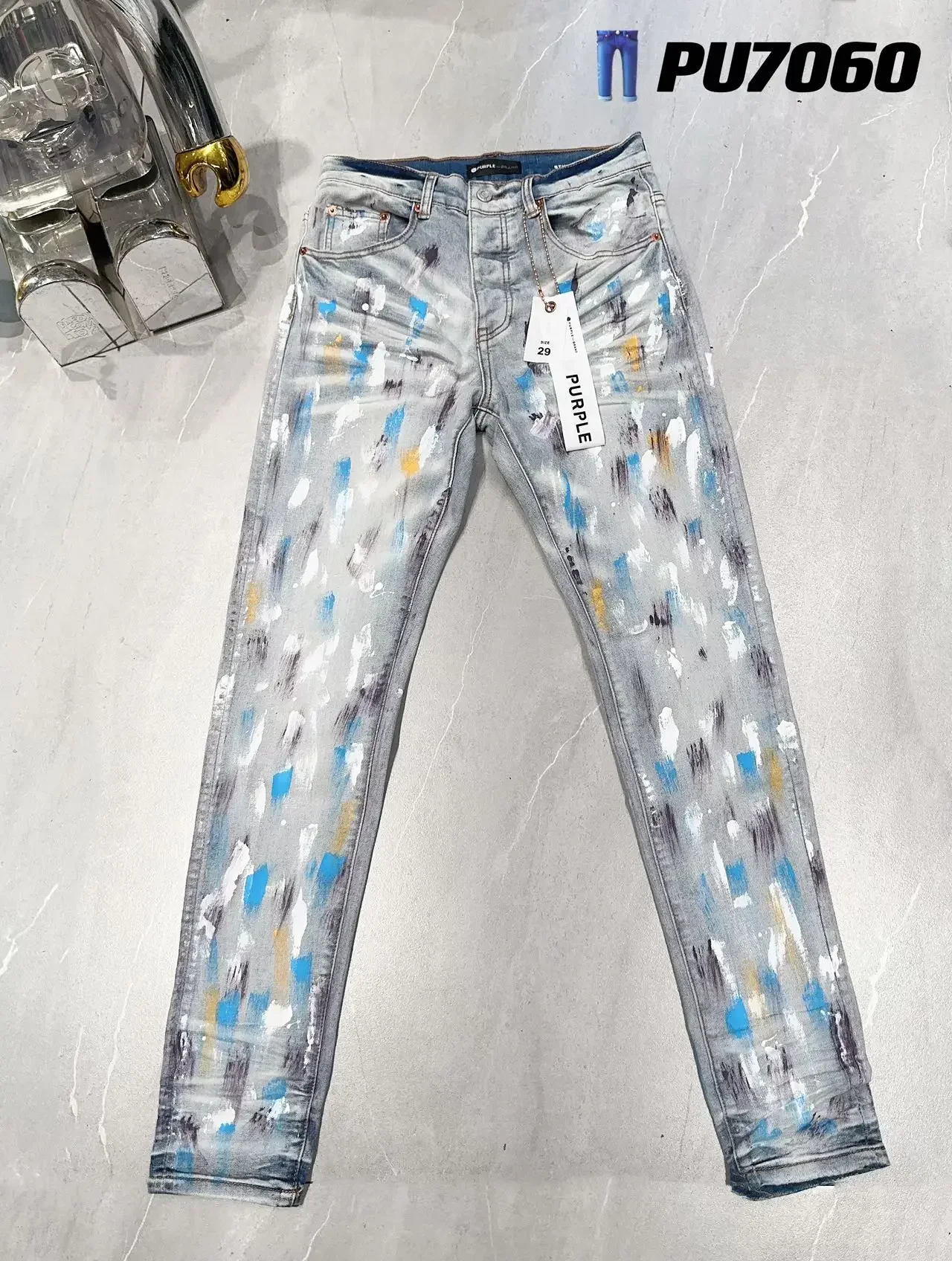 

AW Purple Brand High Street Men's Slim Fit Full Paint Graffiti Denim Jeans Long Pants Streetwear